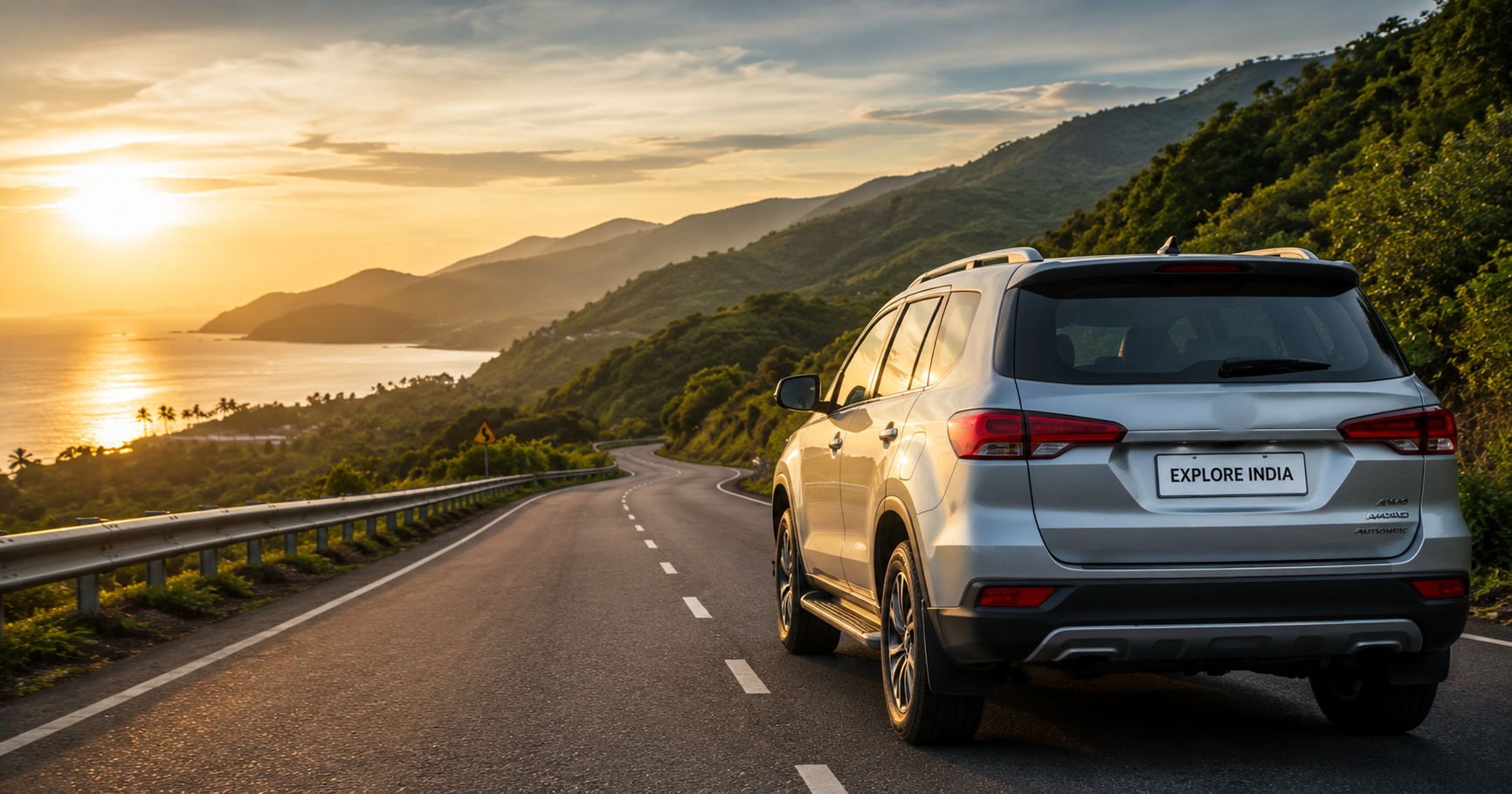 Best cars for road trips in India — SUV on scenic Indian coastal highway at sunset